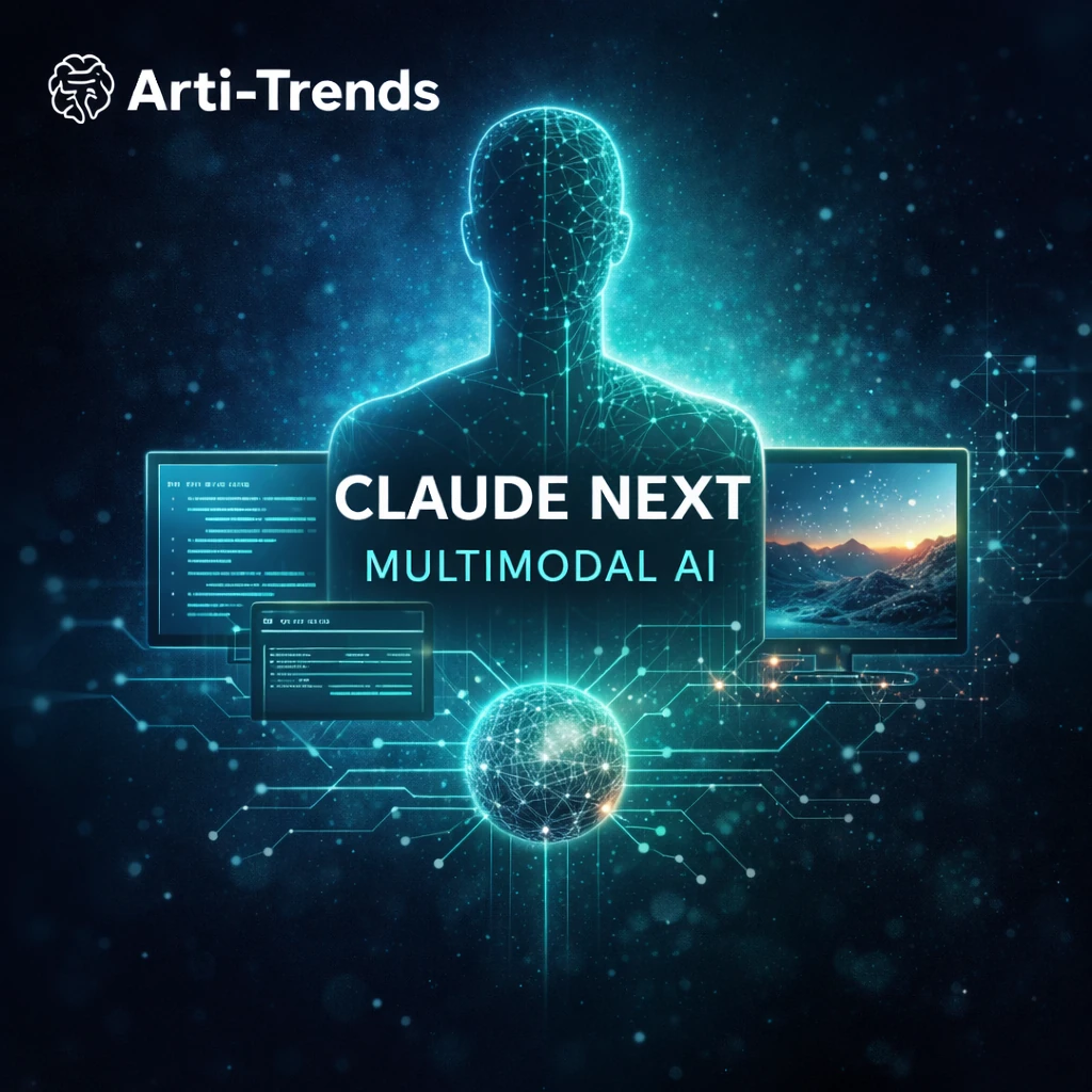 Claude Next multimodal AI model visualised with abstract neural networks and multiple data modalities