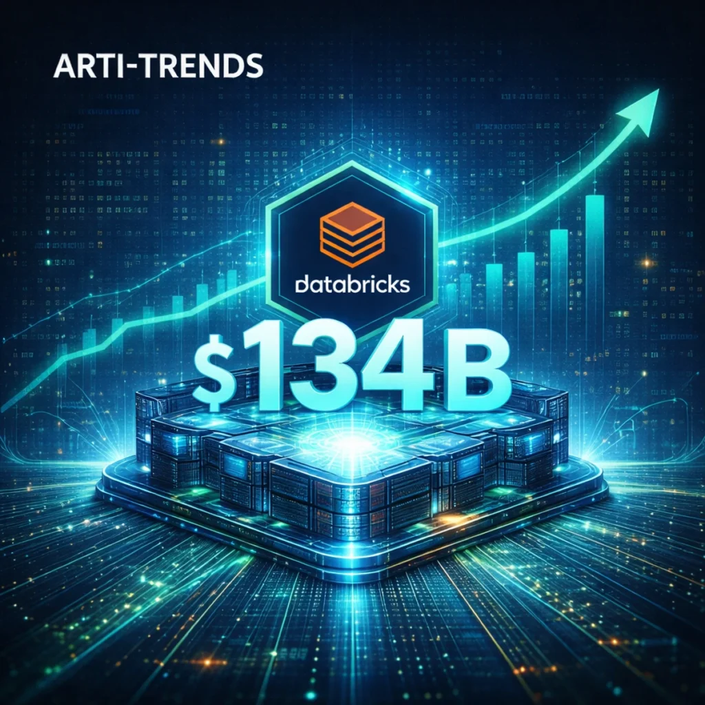 Abstract visualization of Databricks’ $134 billion valuation highlighting AI data infrastructure growth