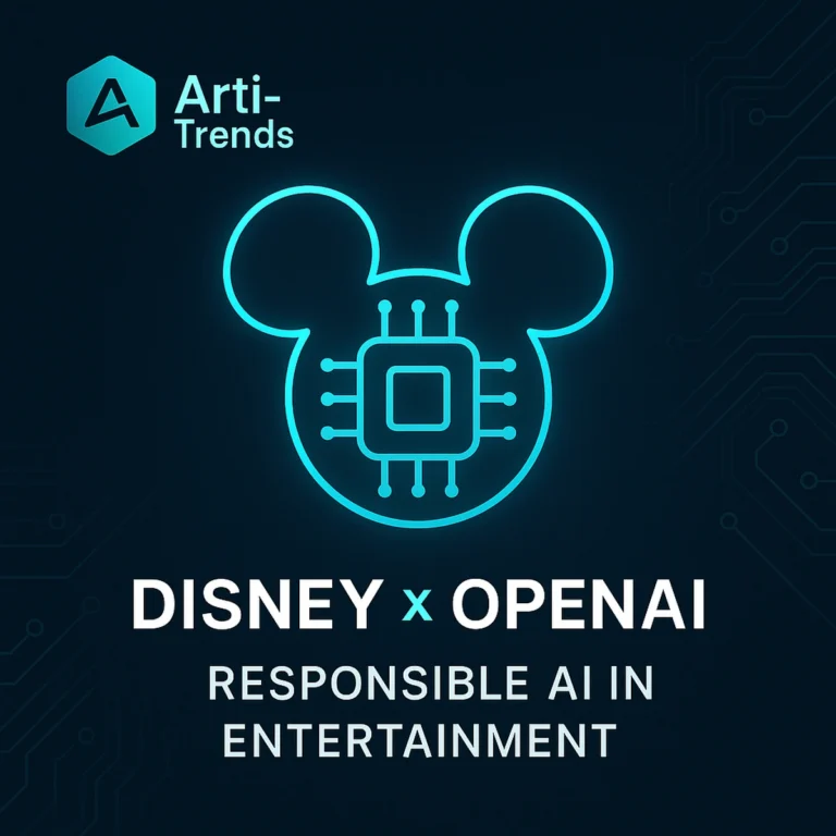 Glowing AI-chip shaped like Disney ears with turquoise tech circuits, Arti-Trends premium cover for Disney × OpenAI responsible AI partnership.