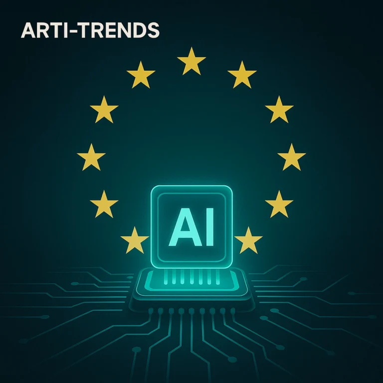 European Union stars surrounding a glowing AI chip symbolizing EU antitrust investigation into Google’s AI content practices