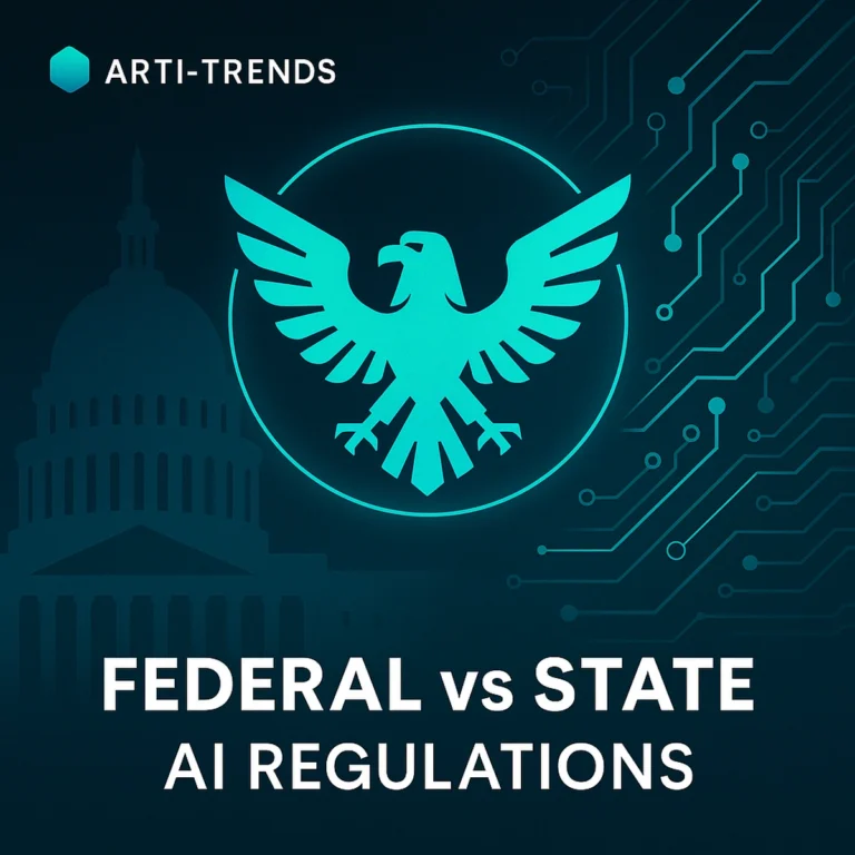 Minimalist federal eagle symbol with Capitol silhouette and AI circuitry — Arti-Trends cover for federal vs state AI regulations news.