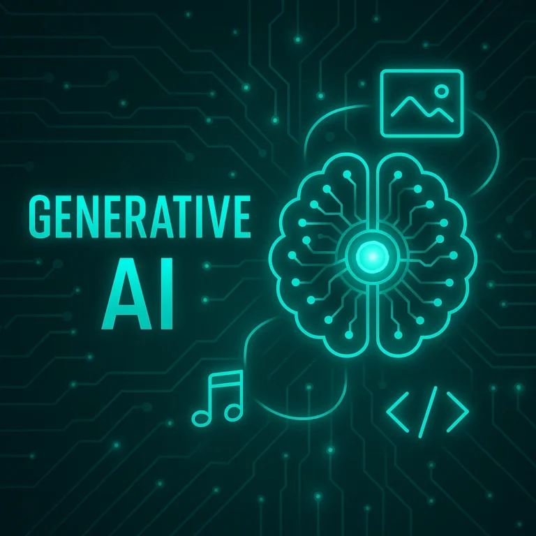 Premium Arti-Trends cover visual of Generative AI showing a glowing neural brain with multimedia output icons for images, audio, and code on a turquoise circuit background.