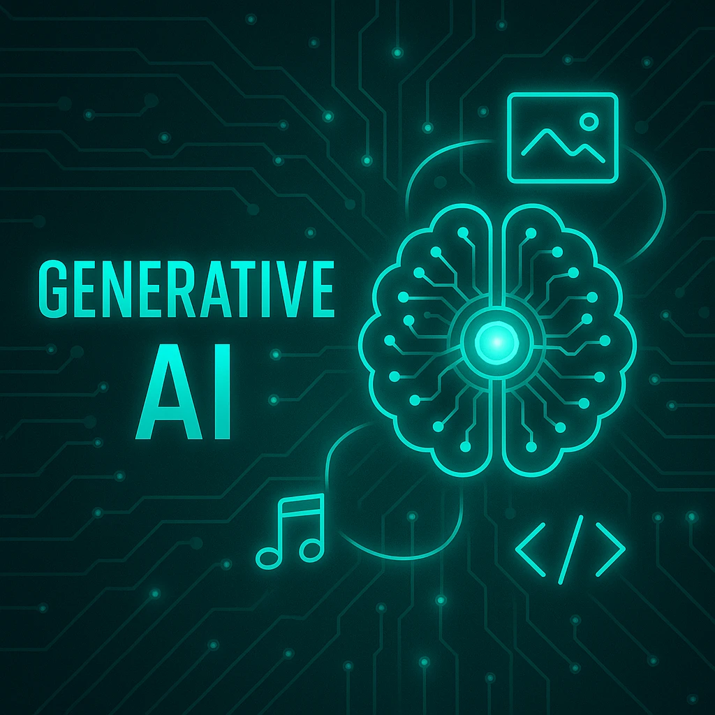 Premium Arti-Trends cover visual of Generative AI showing a glowing neural brain with multimedia output icons for images, audio, and code on a turquoise circuit background.