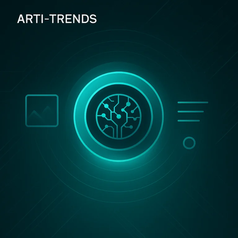 Futuristic AI core representing multimodal vision-language capabilities in turquoise Arti-Trends style