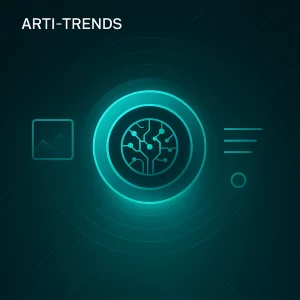 Futuristic AI core representing multimodal vision-language capabilities in turquoise Arti-Trends style