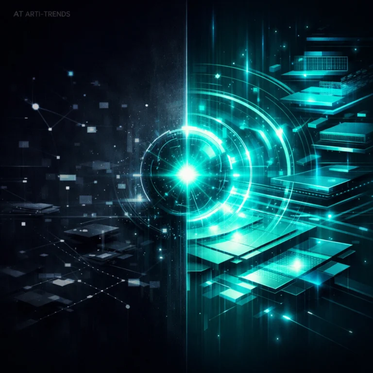 Abstract AI ecosystem visualizing Google’s strategic AI comeback in 2025, showing a transition from fragmented systems to a unified, platform-level intelligence infrastructure.