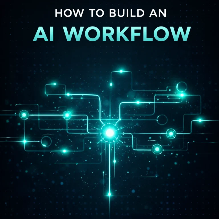 How to build an AI workflow – abstract AI workflow visualization with connected nodes in Arti-Trends style