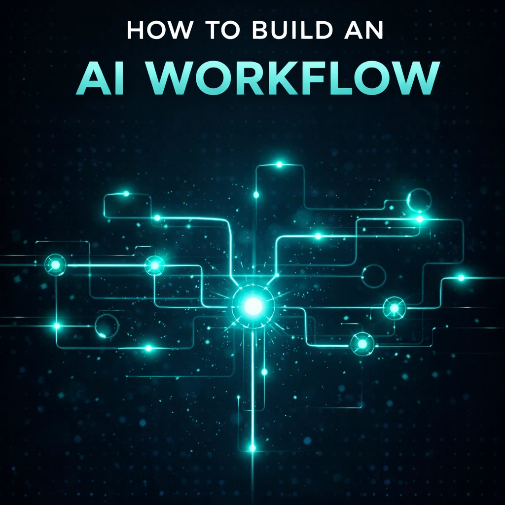 How to build an AI workflow – abstract AI workflow visualization with connected nodes in Arti-Trends style