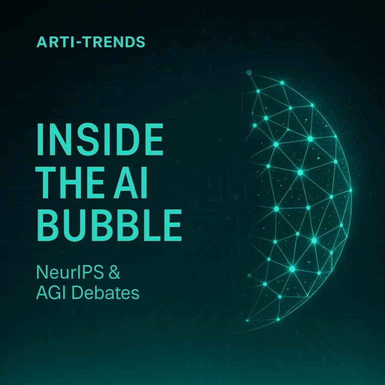 Abstract AI network visual representing NeurIPS debates on AGI, AI hype versus reality, and the future of artificial intelligence