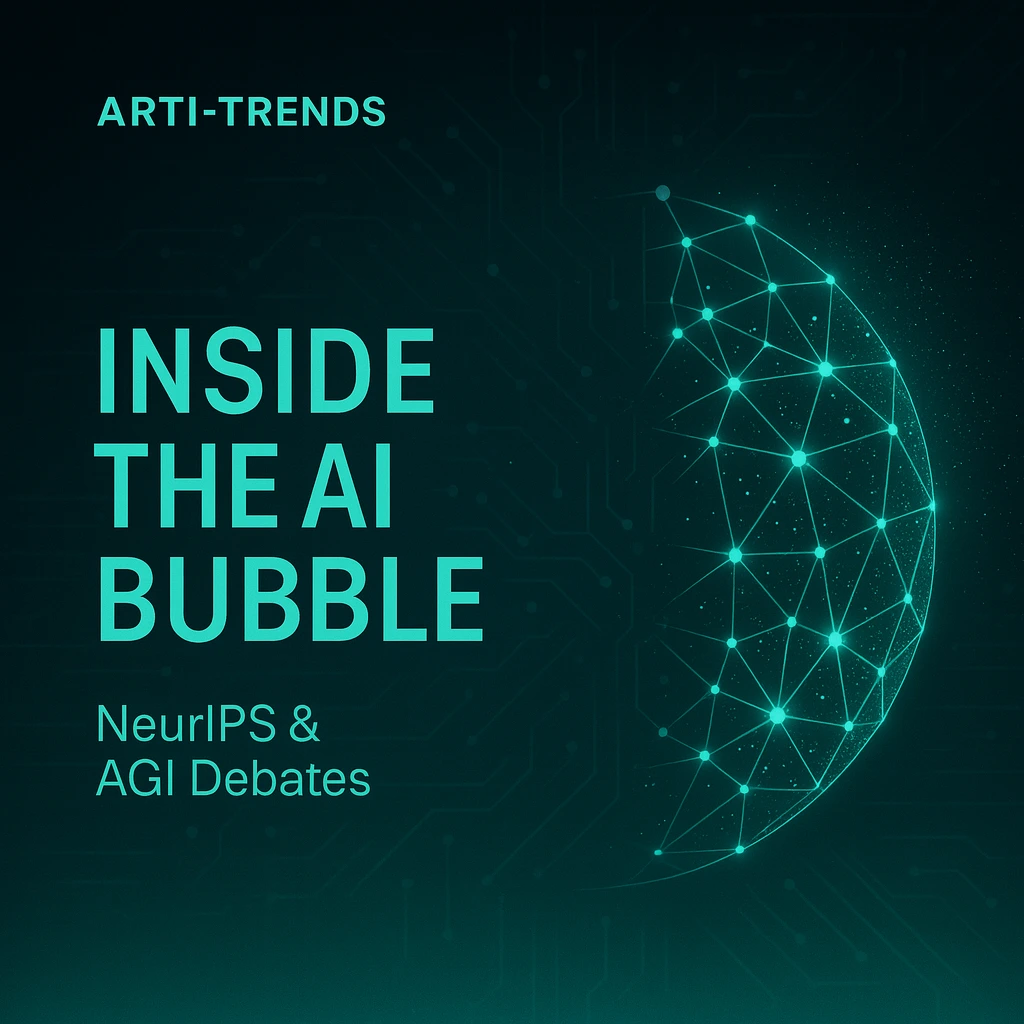 Abstract AI network visual representing NeurIPS debates on AGI, AI hype versus reality, and the future of artificial intelligence