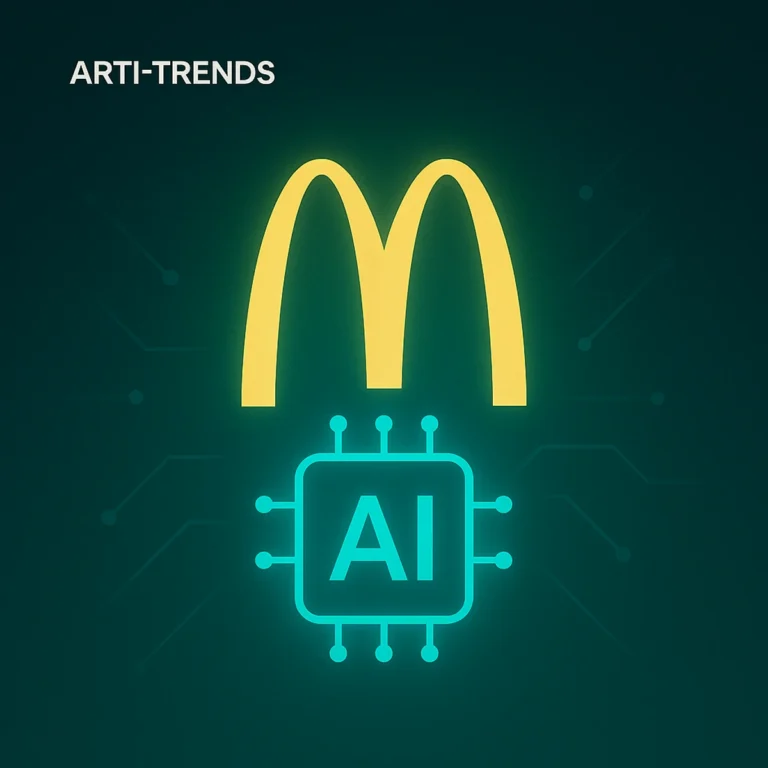 Abstract AI chip beneath McDonald’s golden arches symbolizing AI-generated advertising and brand backlash