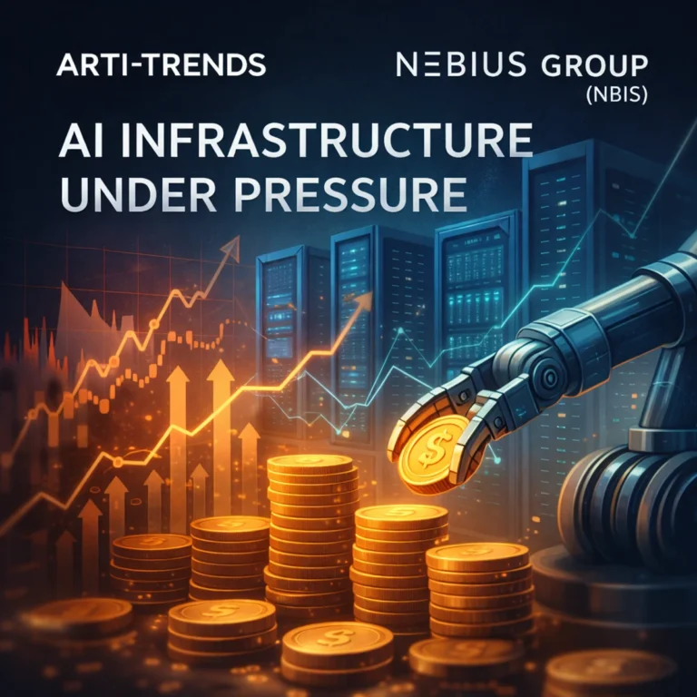 Abstract AI infrastructure and data center visualization symbolizing capital-intensive AI compute expansion at Nebius Group