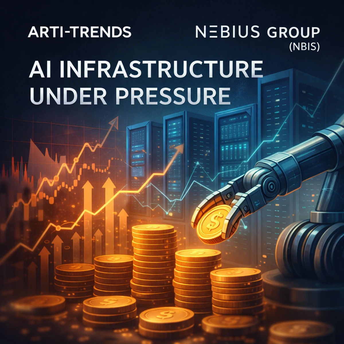 Abstract AI infrastructure and data center visualization symbolizing capital-intensive AI compute expansion at Nebius Group