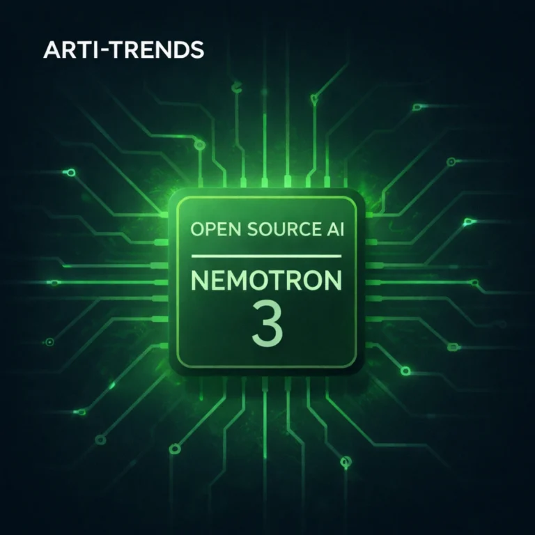 Glowing green AI chip representing Nvidia’s Nemotron 3 open-source AI models with Arti-Trends branding