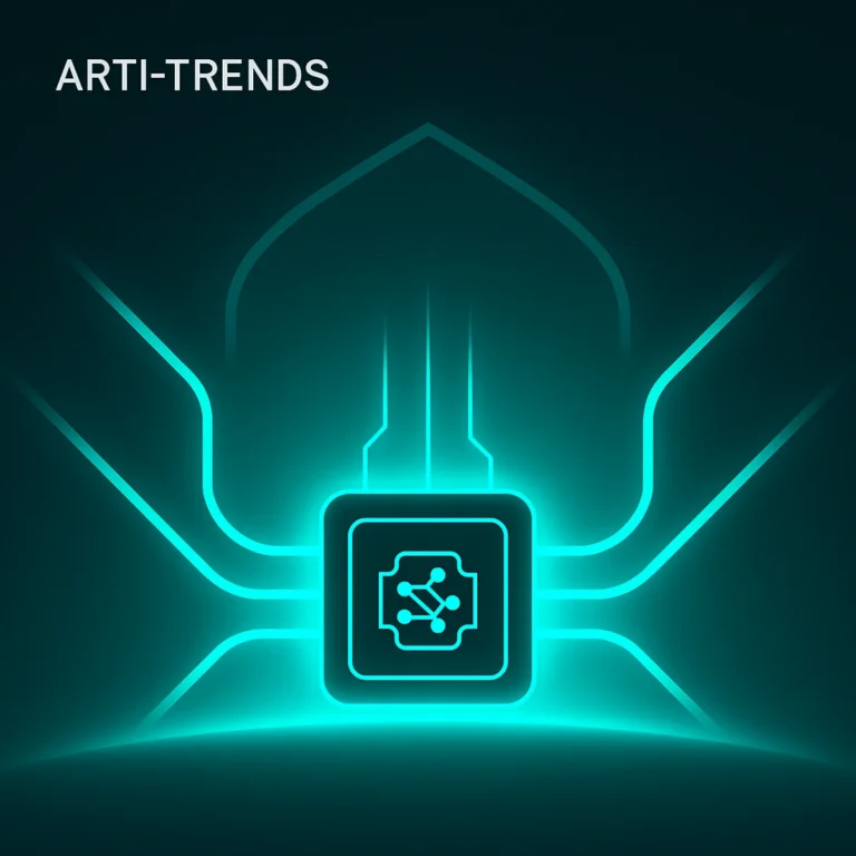 Glowing AI infrastructure node with abstract Middle Eastern geometry in turquoise Arti-Trends style