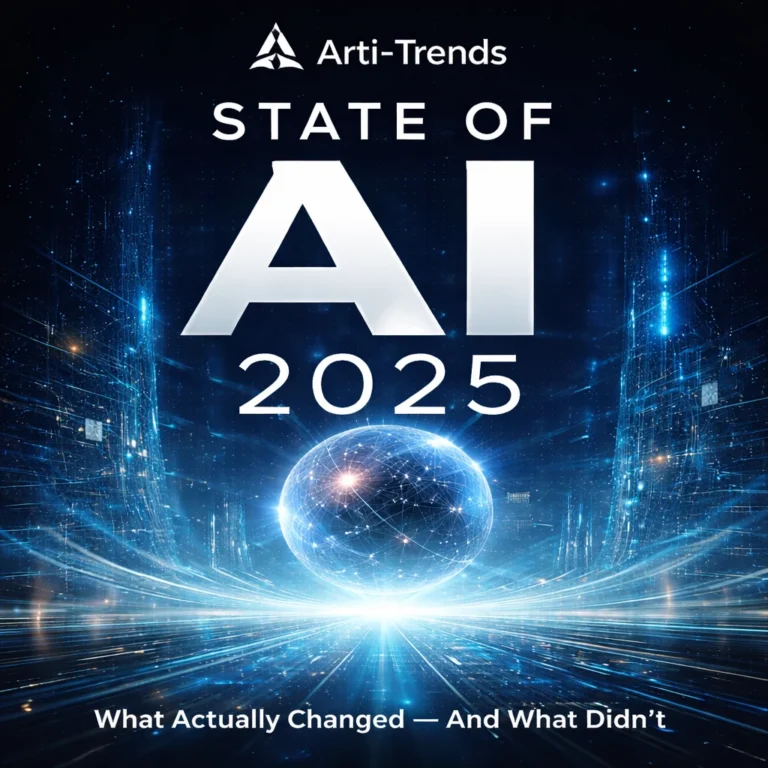 State of AI 2025 report cover by Arti-Trends showing a futuristic AI globe and digital infrastructure representing long-term artificial intelligence trends