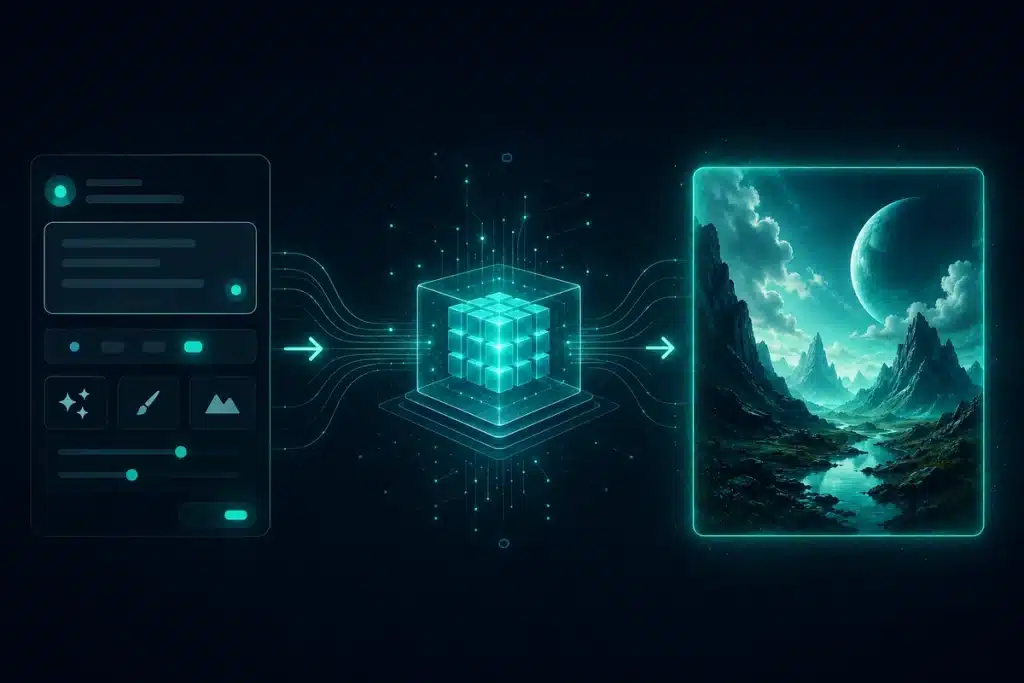 Text to image AI generation workflow from prompt to finished visual