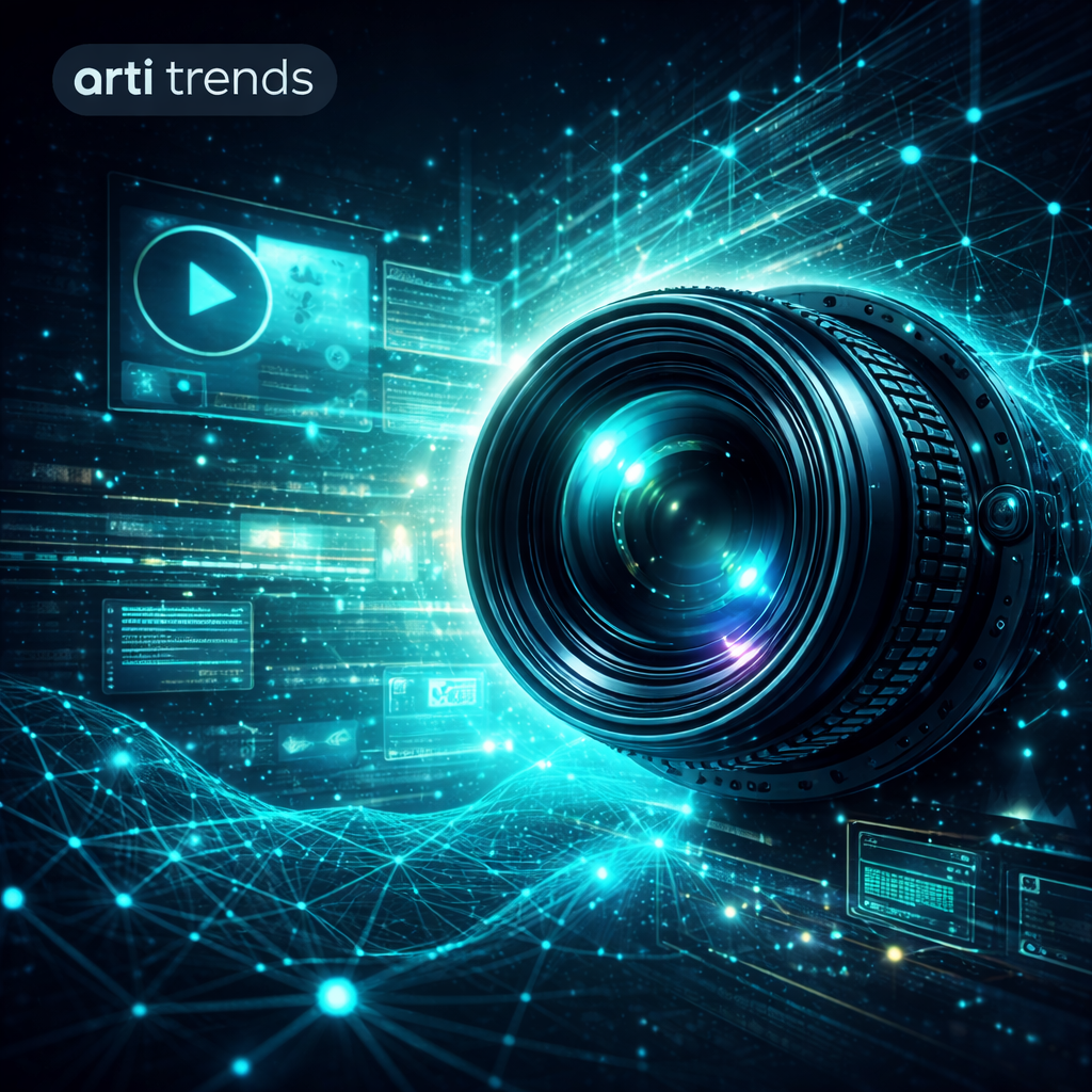 Abstract AI video technology visual with camera lens and neural network interface representing AI video tools in 2026