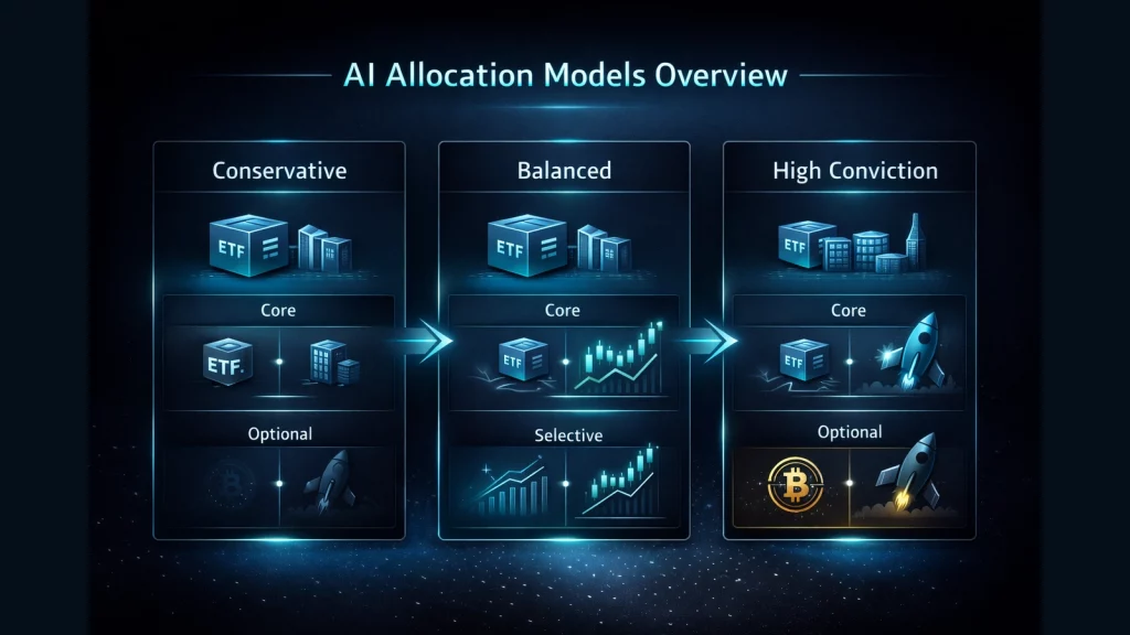 AI allocation models overview 2026 showing conservative, balanced and high conviction AI investment strategies