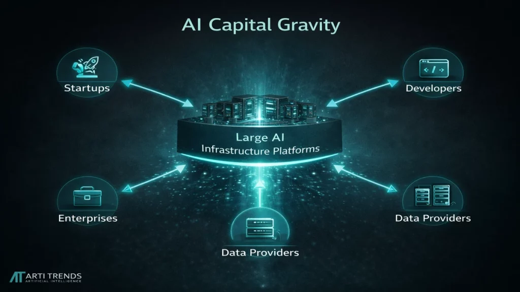 Conceptual diagram showing capital gravity in the AI industry, where startups, developers, and enterprises are pulled toward large AI infrastructure platforms