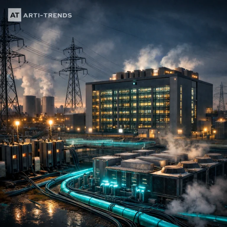 AI data center consuming large amounts of energy and water, illustrating the hidden climate impact of artificial intelligence