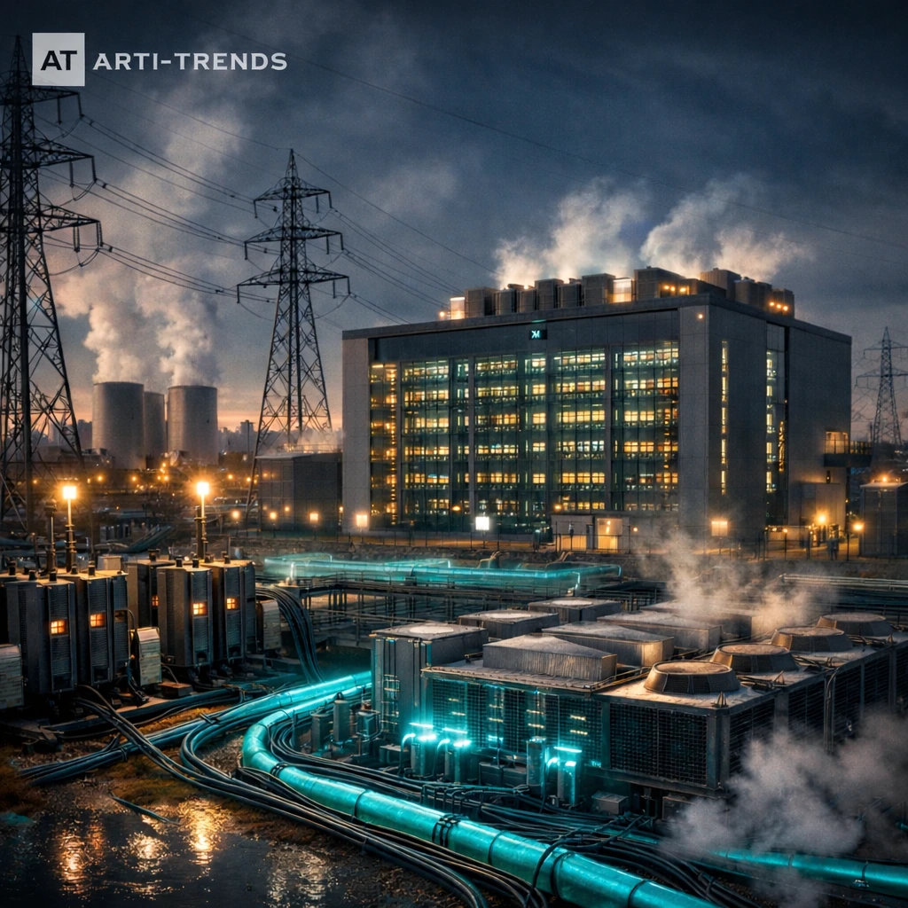 AI data center consuming large amounts of energy and water, illustrating the hidden climate impact of artificial intelligence