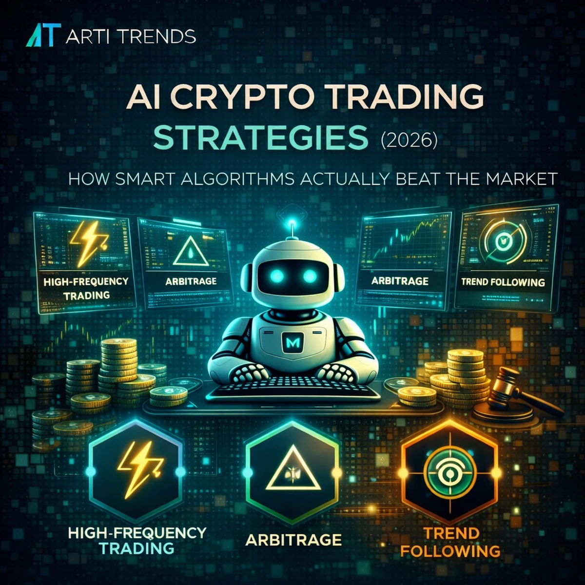 AI crypto trading strategies in 2026 showing algorithmic approaches such as arbitrage, trend following and high-frequency trading