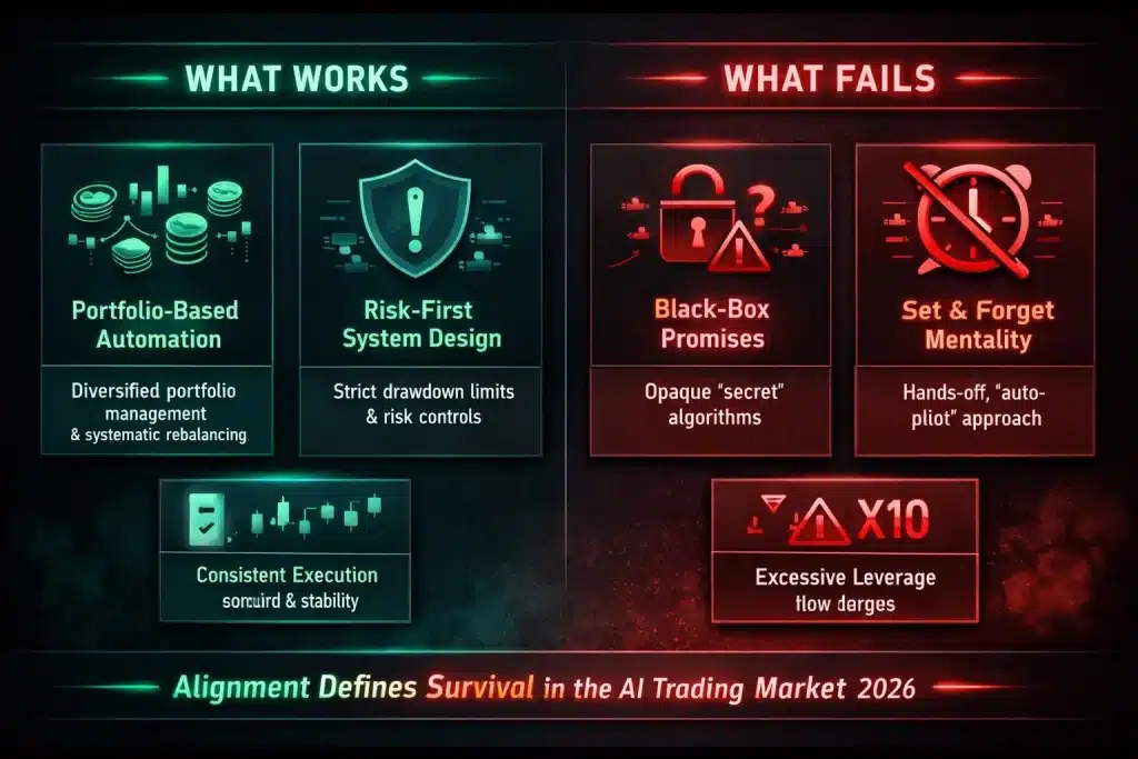 AI crypto trading strategies comparison showing what works versus what fails including portfolio automation, risk management and leverage risks