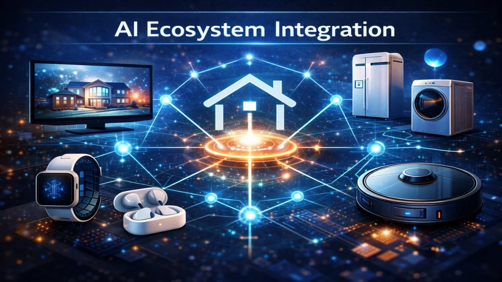 Visualization of an AI ecosystem connecting smart home devices, wearables, and appliances through embedded intelligence
