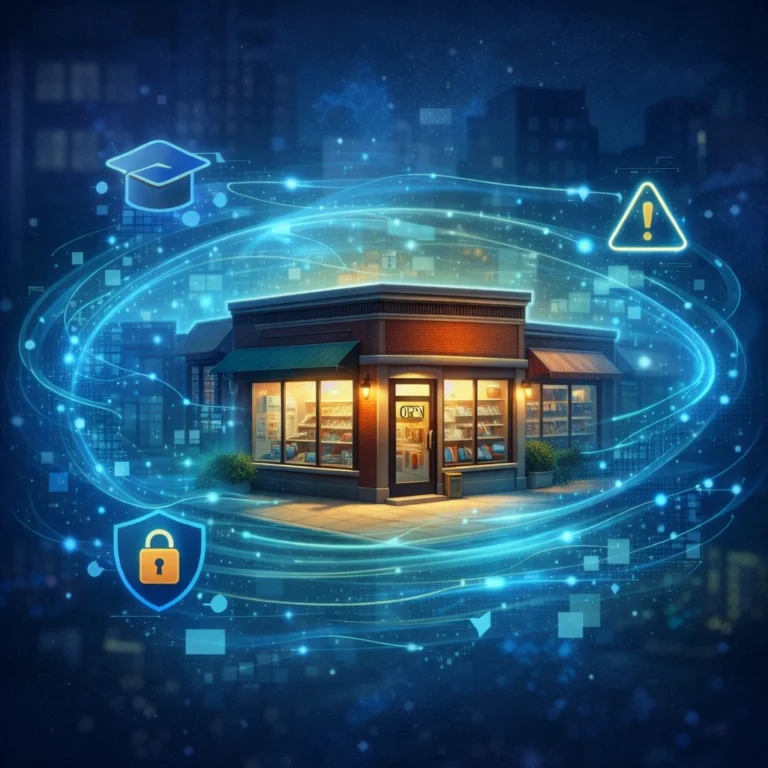 Illustration of a small business surrounded by an AI capability layer, representing training, guidance, and responsible AI adoption for small businesses
