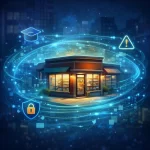 Illustration of a small business surrounded by an AI capability layer, representing training, guidance, and responsible AI adoption for small businesses