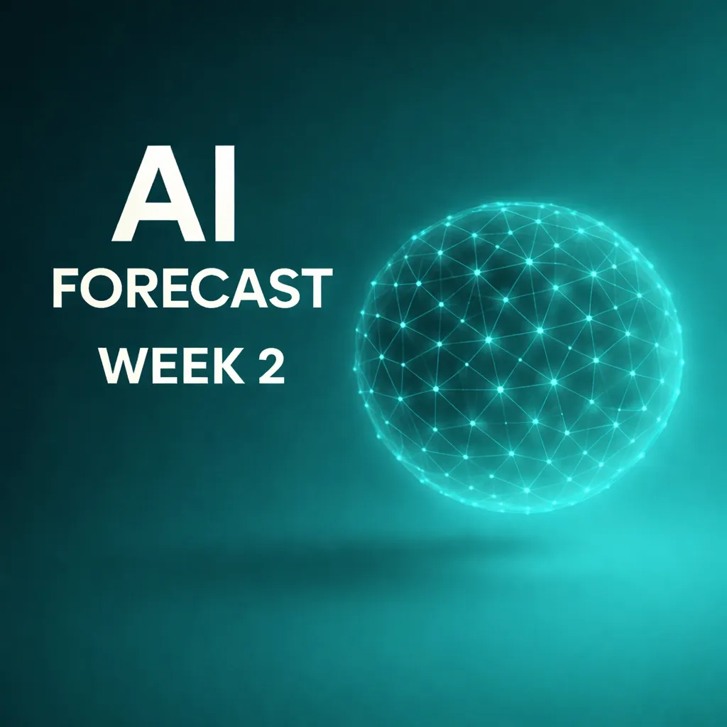 AI Forecast Week 2 cover showing a glowing turquoise AI network sphere on a dark teal gradient background