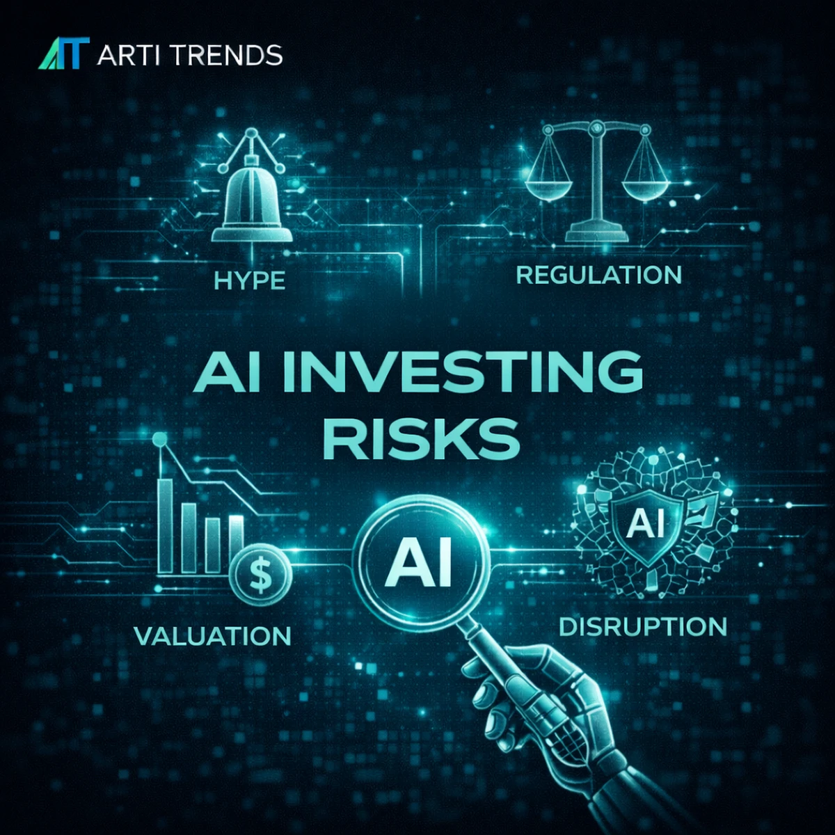 AI investing risks in 2026 highlighting hype, regulation, valuation pressure and disruptive technological change