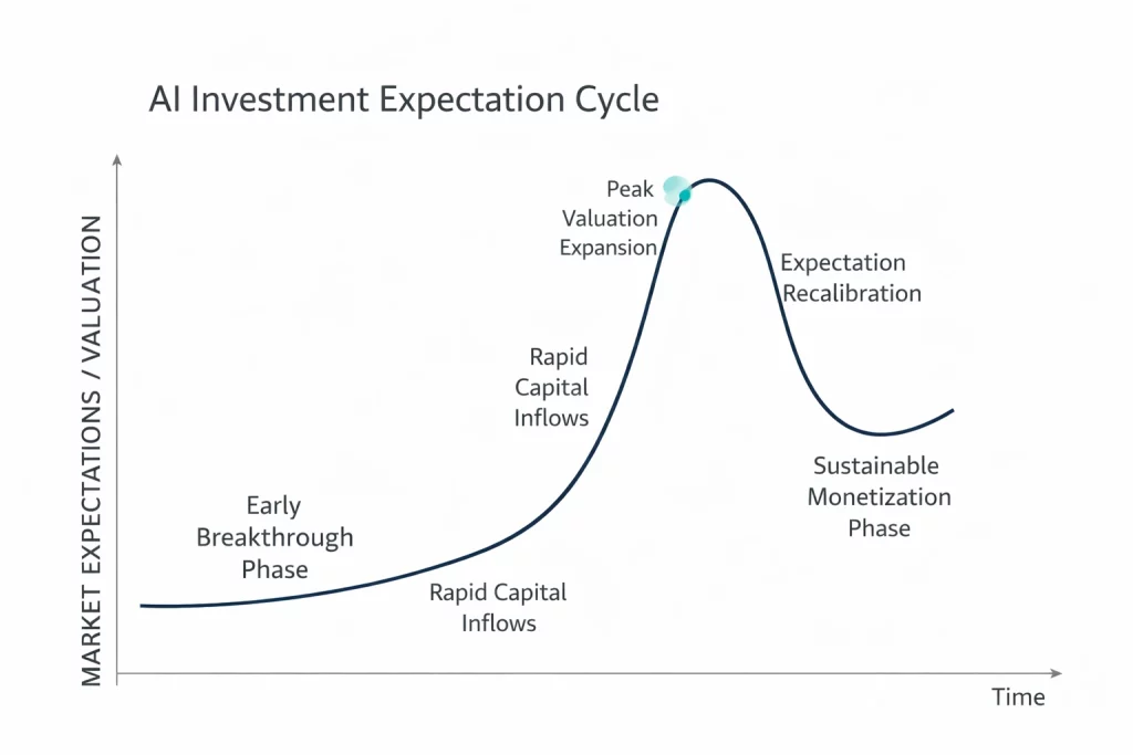 AI investing risks illustrated through an investment expectation cycle showing hype-driven valuation expansion and later recalibration.