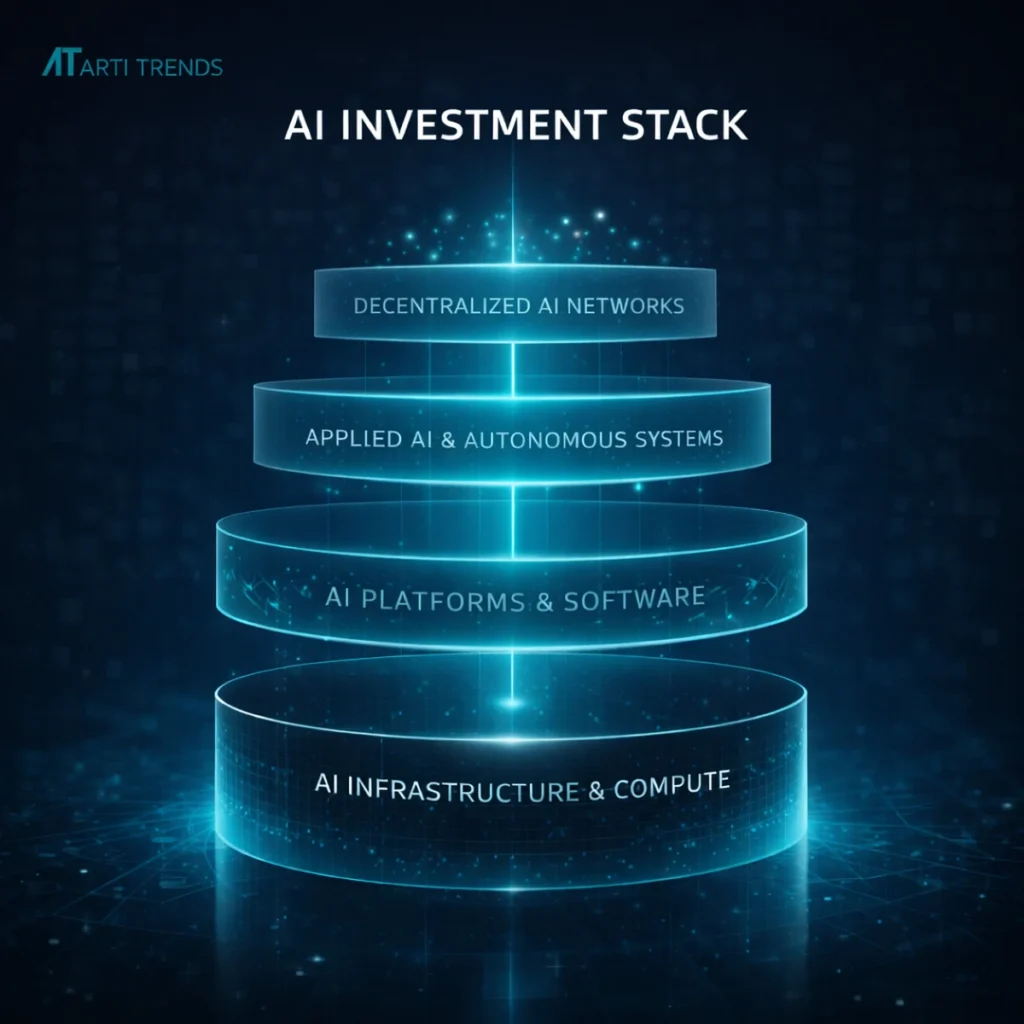 AI Investment Stack visual showing four-layer AI investing framework from infrastructure to decentralized networks