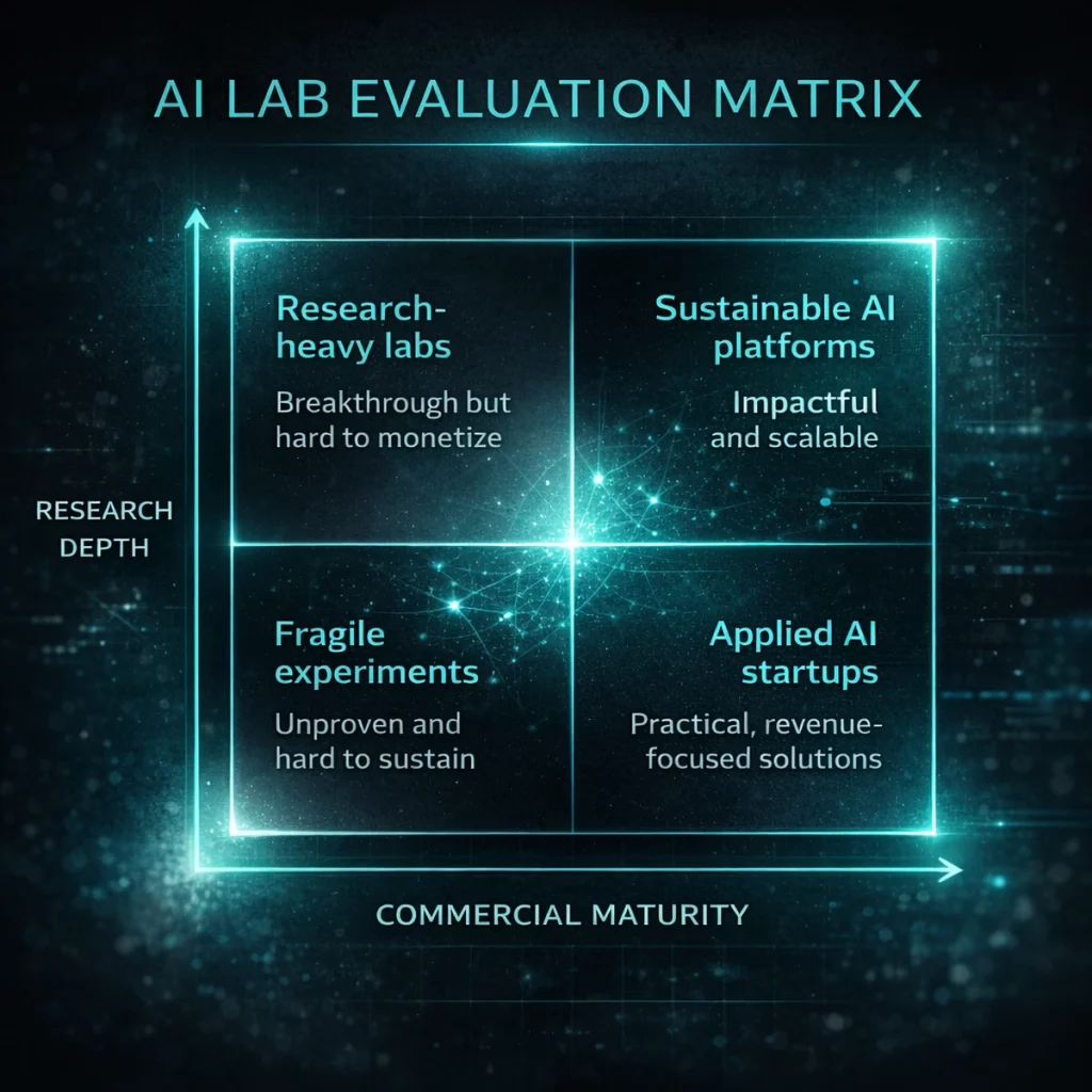 AI lab evaluation matrix showing how investors compare research depth and commercial maturity