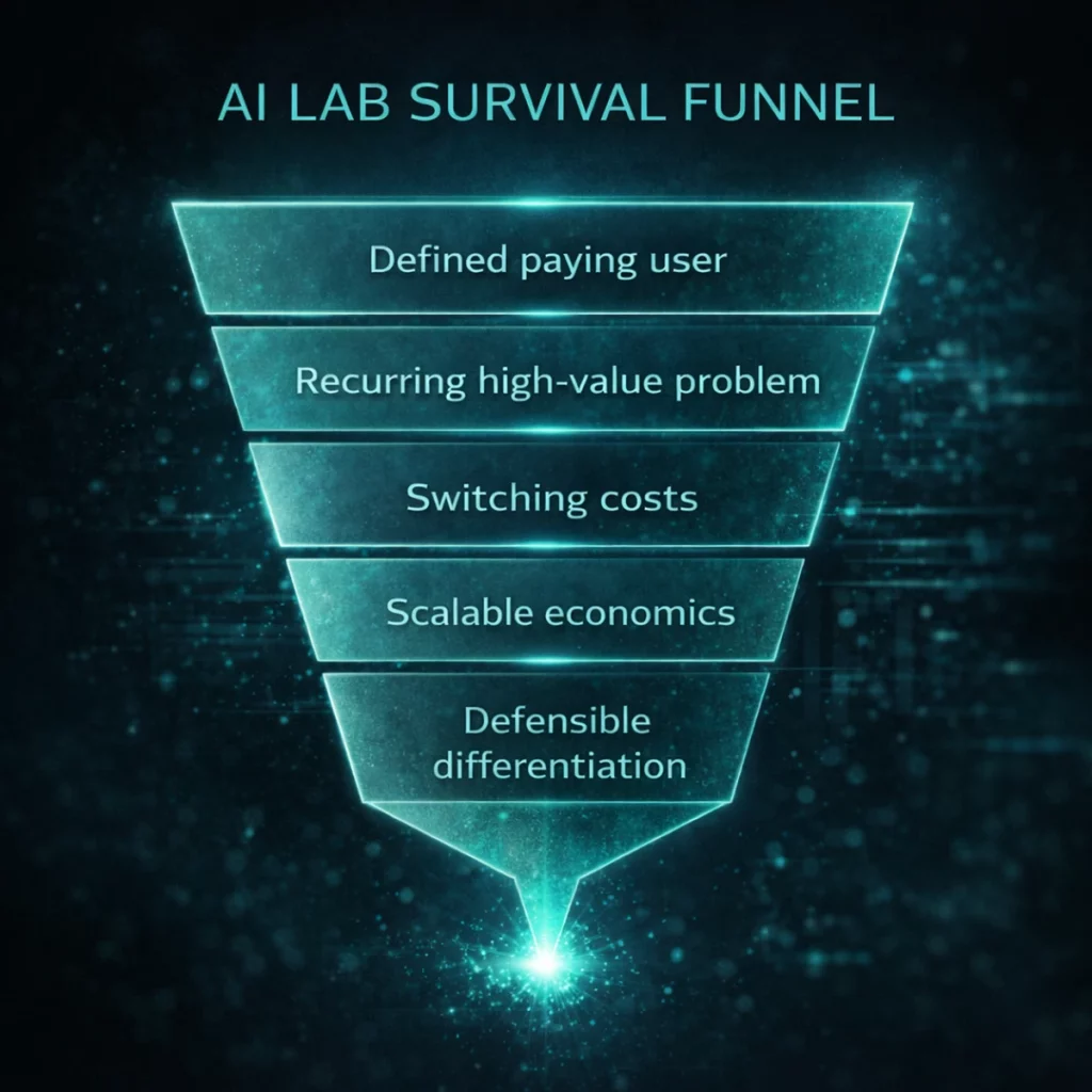 AI lab survival funnel showing the key criteria investors use to assess long-term viability