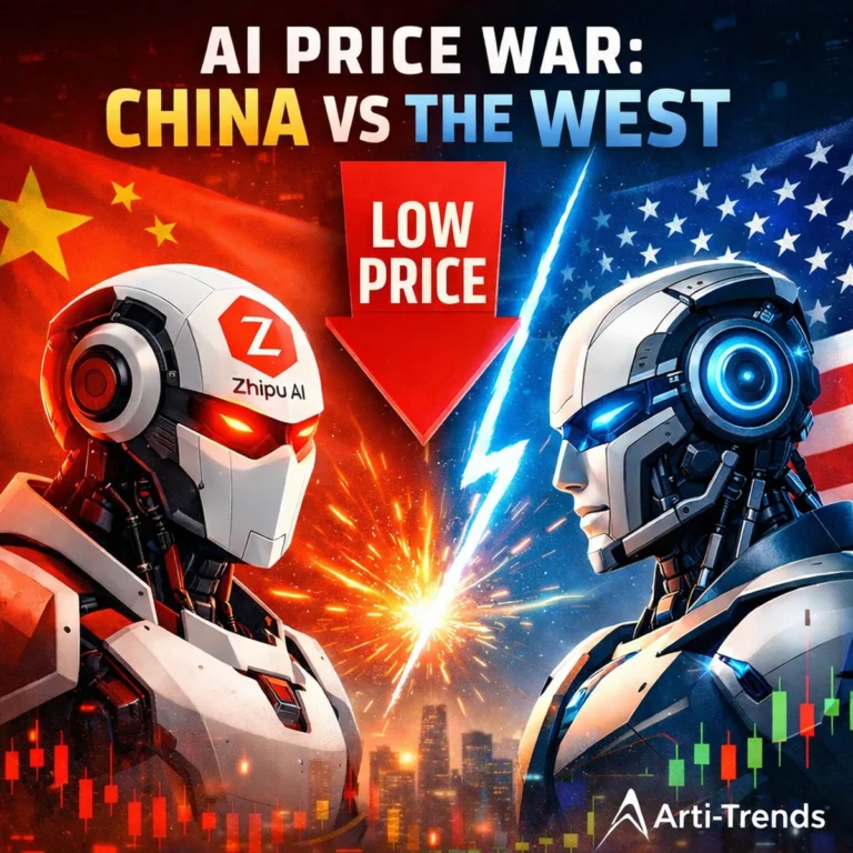Conceptual illustration of a global AI price war, showing Chinese and Western AI systems competing on cost, scale, and infrastructure