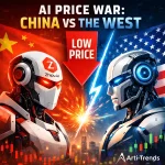 Conceptual illustration of a global AI price war, showing Chinese and Western AI systems competing on cost, scale, and infrastructure