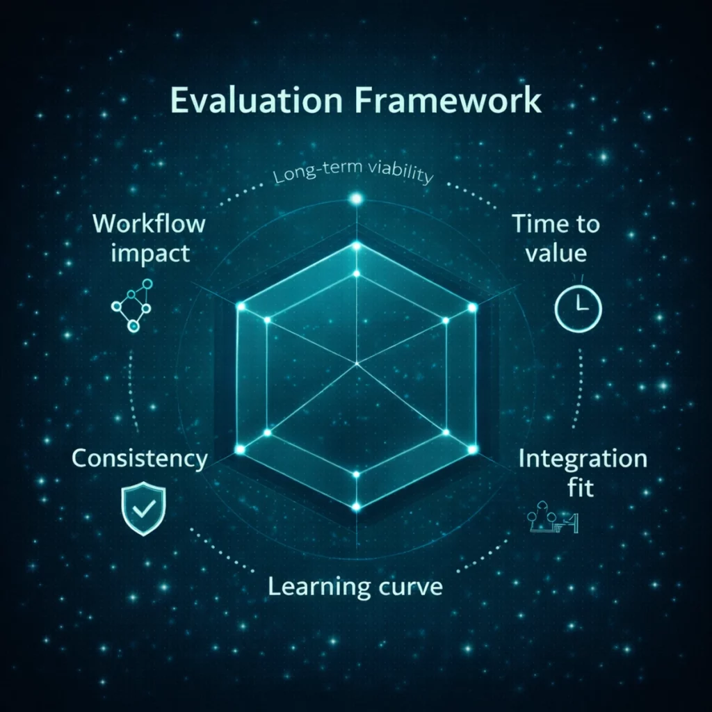 Evaluation framework for AI productivity tools in 2026, showing how workflow impact, time to value, integration fit, learning curve, and consistency are assessed.