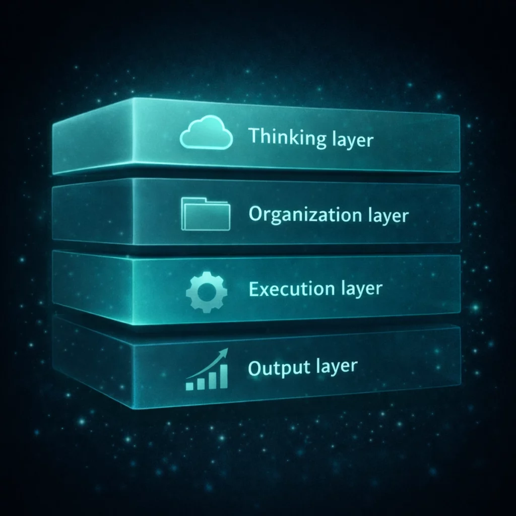 Visual representation of an AI productivity workflow stack in 2026, showing how thinking, organization, execution, and output layers work together to improve professional workflows.