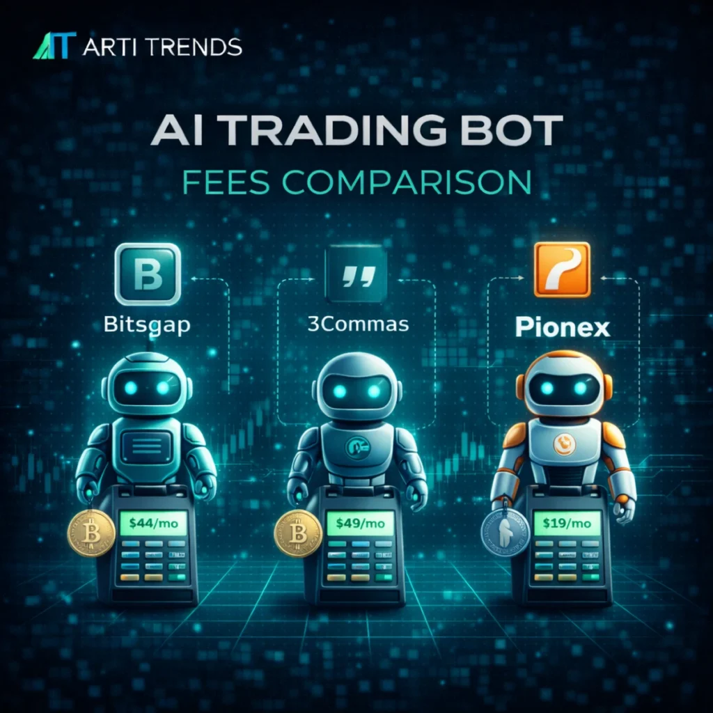 AI trading bot fees comparison in 2026 showing pricing differences between automated crypto trading platforms