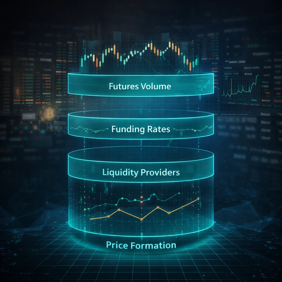 Layered crypto market structure showing futures volume, funding rates and liquidity providers driving price formation