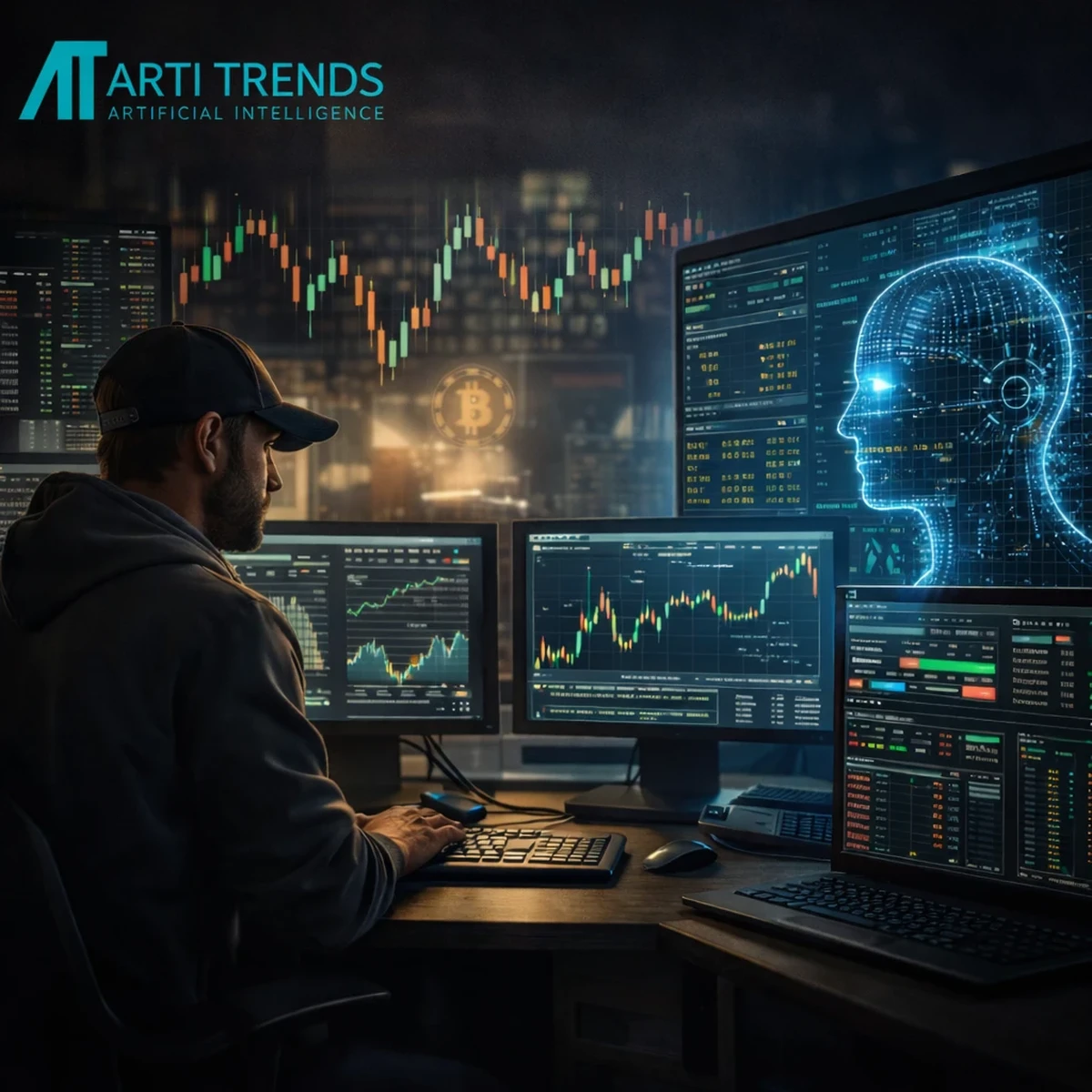 AI crypto trading bots analyzing live market data as human trader works beside AI-driven trading interface