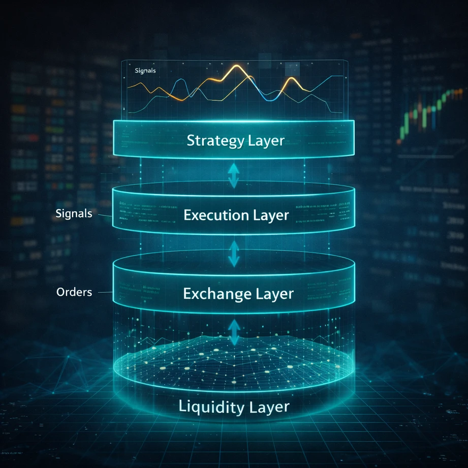 Layered AI crypto trading stack showing strategy layer, execution layer and exchange layer driving automated trading