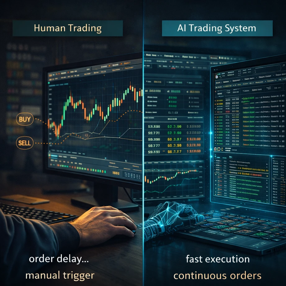 Comparison of human crypto trading versus AI trading system showing manual order placement versus automated high-speed execution