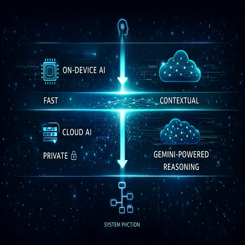Diagram showing Apple’s two-layer Siri architecture with on-device AI for fast private tasks and Gemini-powered cloud reasoning for contextual system actions