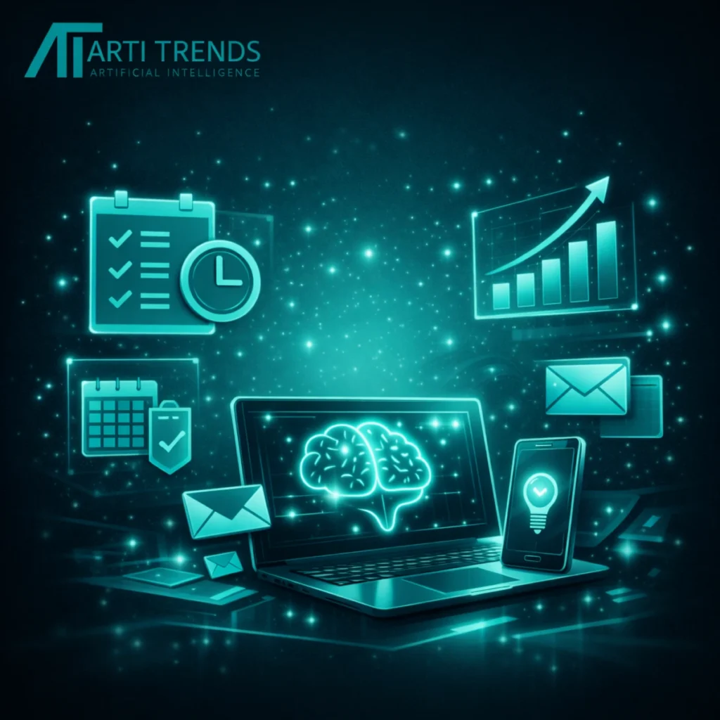 Abstract visualization of AI-powered productivity tools and workflows in 2026, showing how artificial intelligence improves efficiency, focus, and digital work processes.
