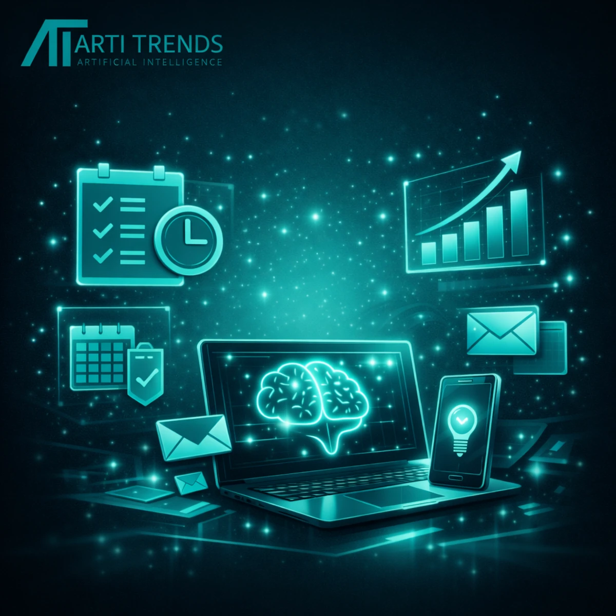 Abstract visualization of AI-powered productivity tools and workflows in 2026, showing how artificial intelligence improves efficiency, focus, and digital work processes.