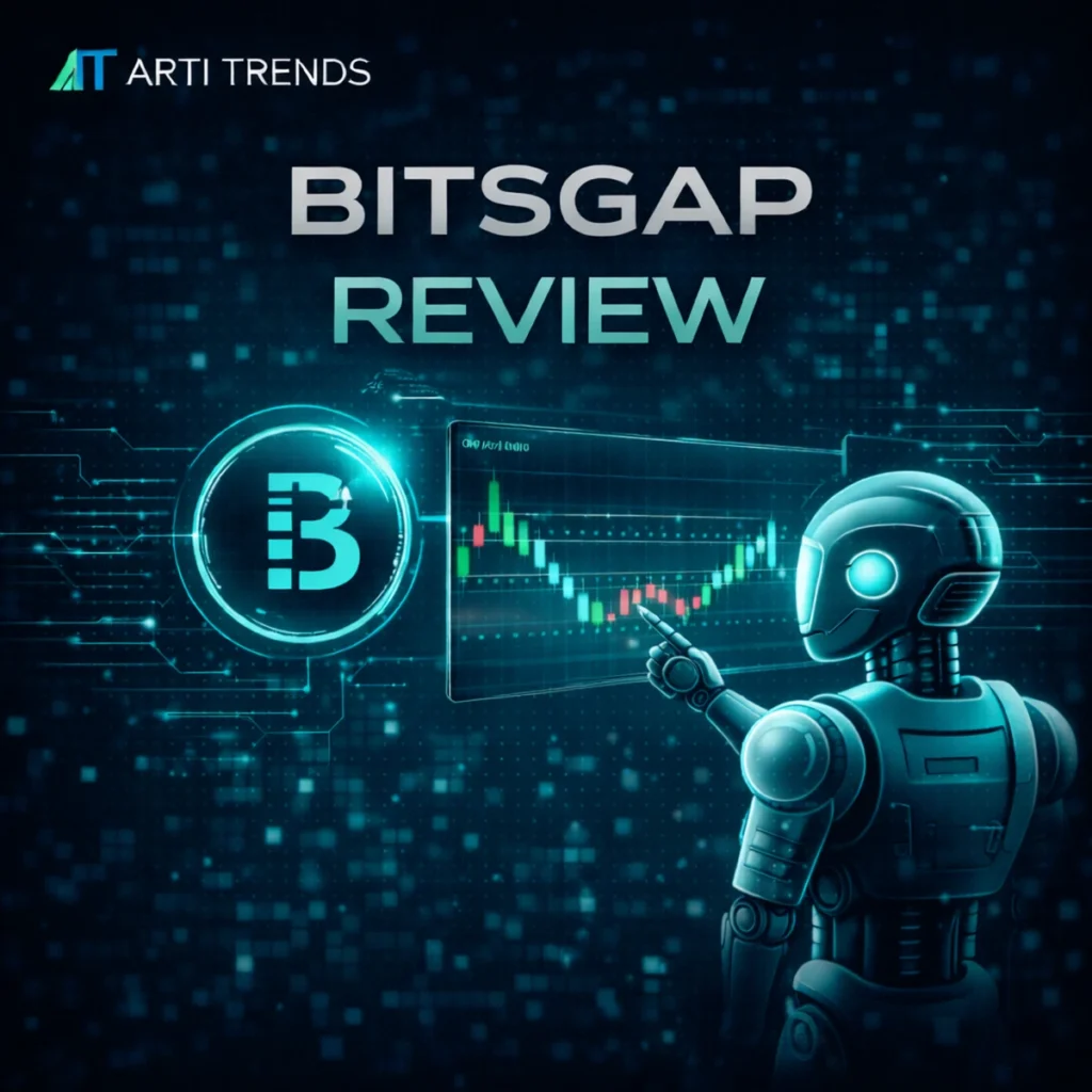 Bitsgap review in 2026 showing a grid trading bot interface with AI-driven crypto trading charts and automation